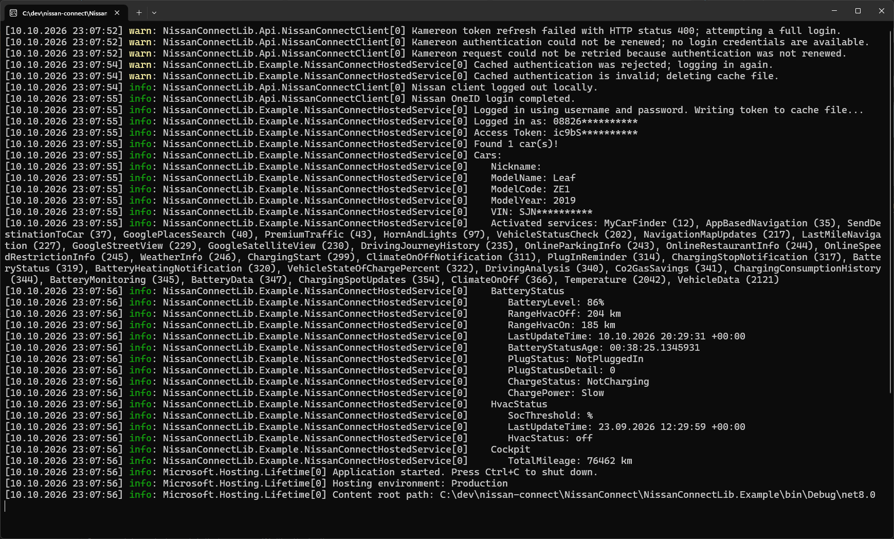 Example program output